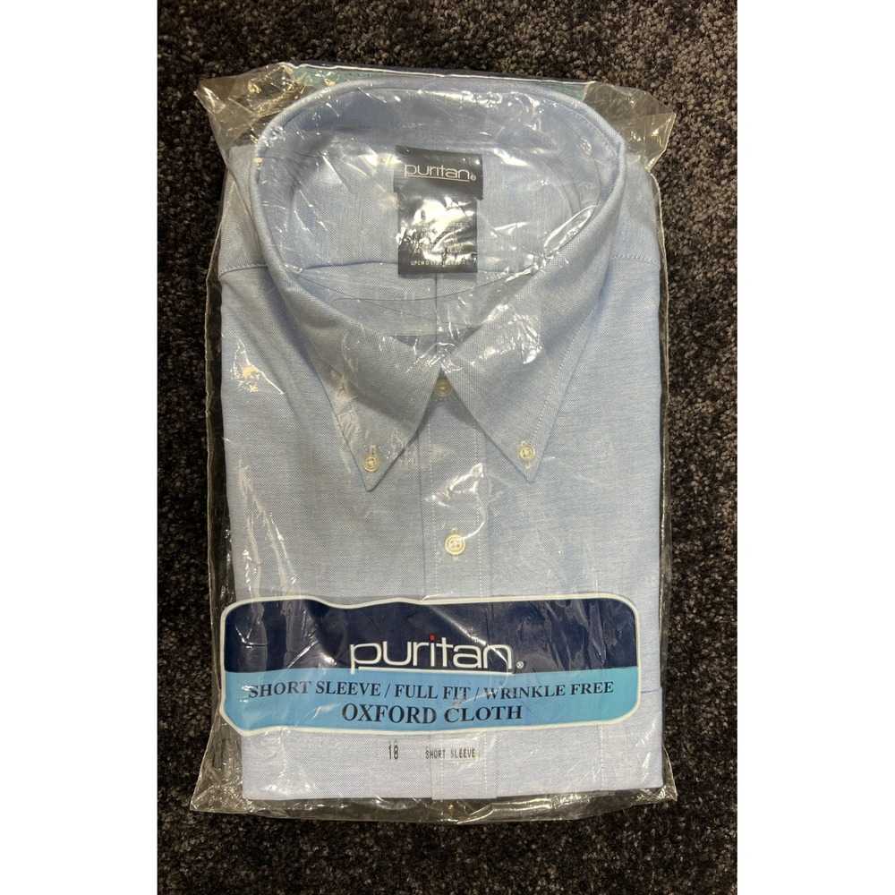 Vtg NOS Puritan Mens Short Sleeve Oxford Cloth Button Down Full Fit Blue 18